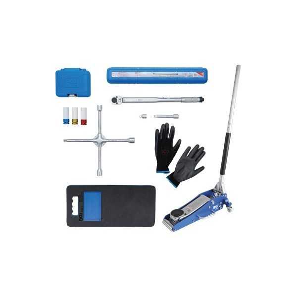 Kit pneus pour changement de roues avec cric rouleur 1 5 t 10 piÃ¨ces