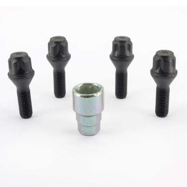 HR Jeu de blocages de roues M12x1.50x30mm conique Noir  4 boulons de carrosserie avec adaptateur