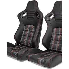 Siège baquet 'GT'  Simili Cuir Noir + Tissu en motif à carreaux Rouge + Surpiqûres Rouge  Dossier réglable avec glissières