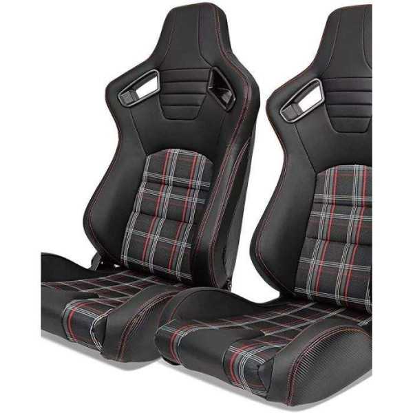 Siège baquet 'GT'  Simili Cuir Noir + Tissu en motif à carreaux Rouge + Surpiqûres Rouge  Dossier réglable avec glissières