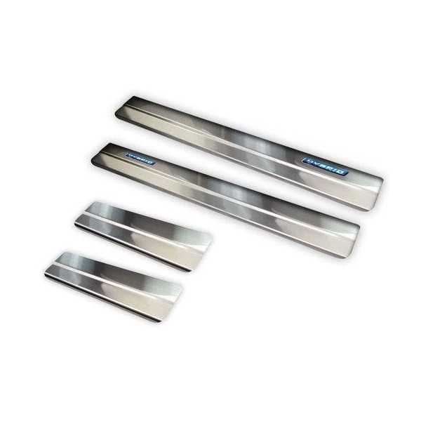 TOYOTA RAV4 IV FL 02.2016 2018 les seuils de porte emblÃ¨me bleu insert "HYBRIDE" 4pcs Satine d'argent en acier