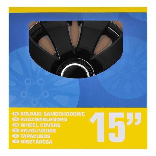 Jeu d'enjoliveurs de roues Aura noir 15 pouces 4 piÃ¨ces en boÃ®te vitrine