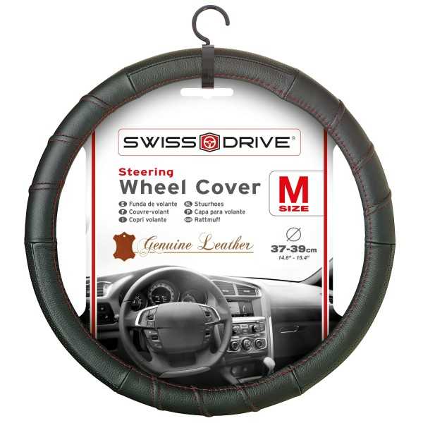 COUVRE VOLANT 37-39CM 100% CUIR NOIR SP ROUGE