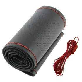 COUVRE VOLANT NOIR CUIR A LACET ROUGE 37-39 CM