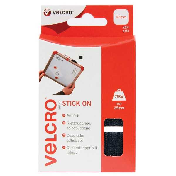 VELCROÂ® BRAND CARRES ADHESIFS 25MM X 25MM 24PCS NOIR - SCT