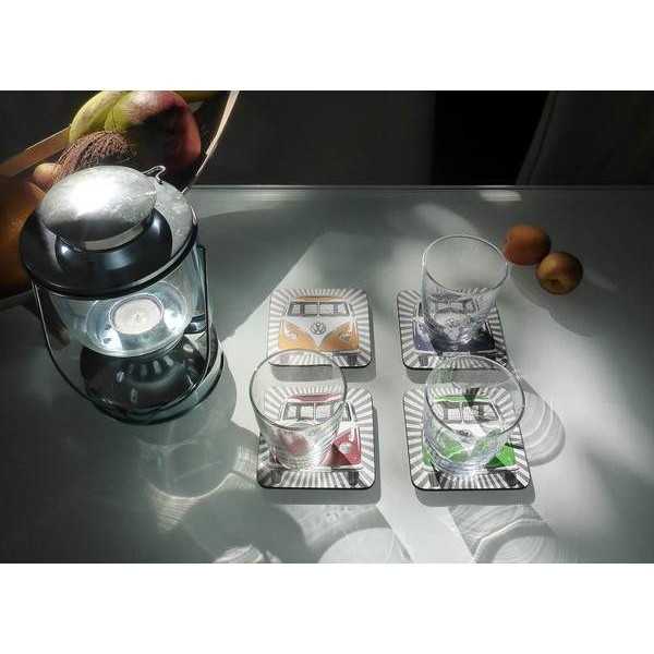 VW T1 BUS DESSOUS 4 PC SET PAPIER MANCHE - SAMBA RAYURES / 4 COULEU...