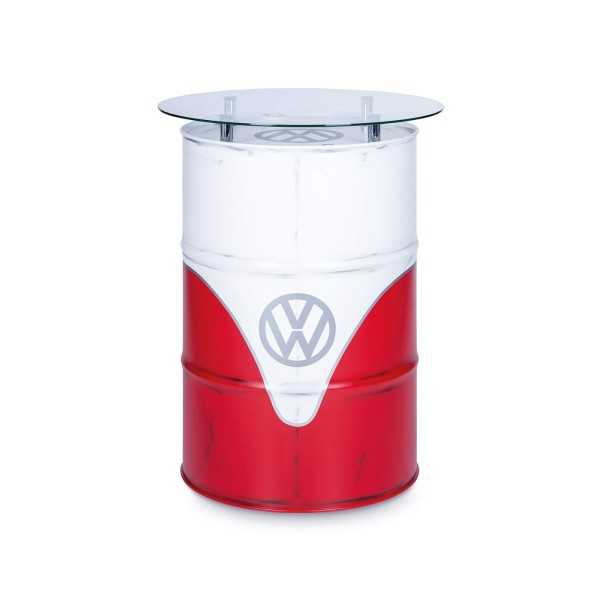 VW T1 BUS HIGH BAR TABLE AVEC VITRINE HUILE DRUM (208L) VINTAGE LOOK - BLANC / ROUGE