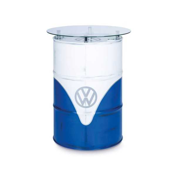 VW T1 BUS HIGH BAR TABLE AVEC VITRINE HUILE DRUM (208L) EN LOOK VINTAGE - BLANC / BLEU