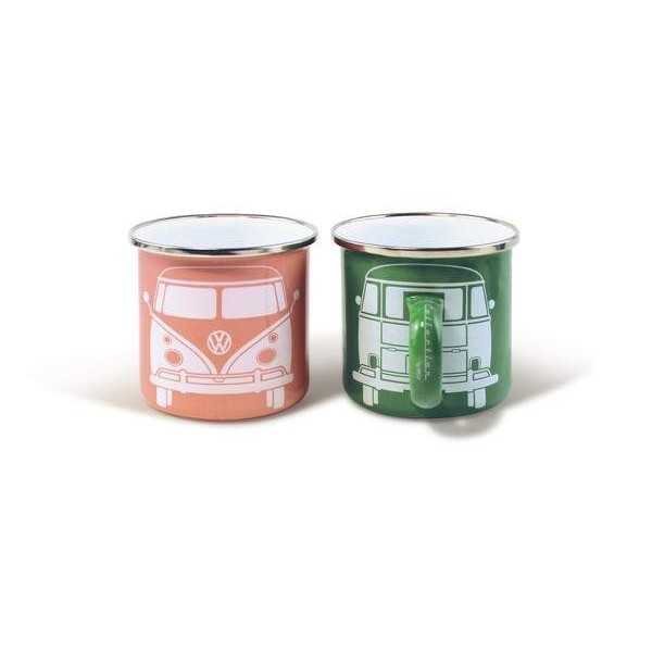 VW T1 BUS Ã‰MAIL MUG 2-PC SET 350ml EN COFFRET - VERT / ROSE ROSE